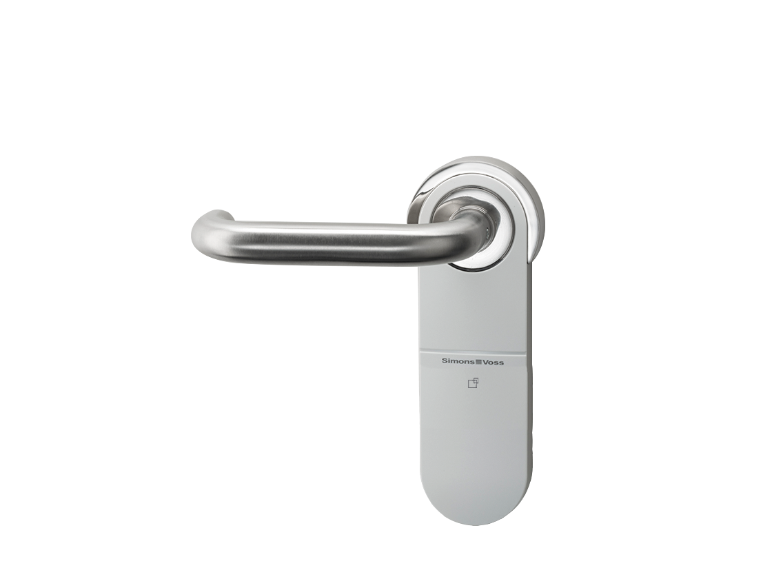 Digitaler Türdrücker AX – Swiss Round – SmartIntego (Paxton) hängende Montage an Rundrosetten für ein Entfernungsmaß des Schlosses von 70 bis 110 mm